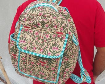 Cotton Quilted Backpack: Handmade School Bag, Travel Bags, Floral Pattern
