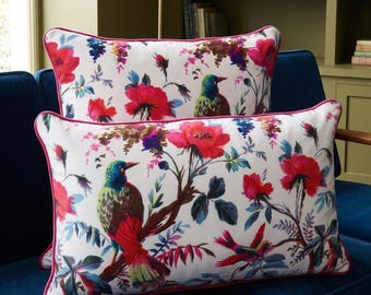 Velvet Botanical White multicolor Bird Pillow Cover – Maximalist Floral Cushion Case sofa decor lumbar pillowcase throw