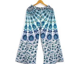 Indian Cotton Mandala Palazzo Pants, Boho Wide Leg, Multicolor Floral Print