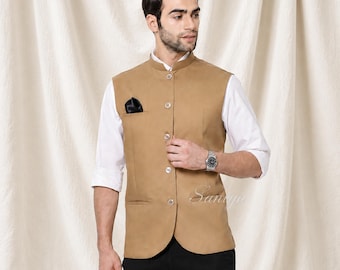 Chaqueta Nehru beige sin mangas / Chaleco de boda de algodón y seda