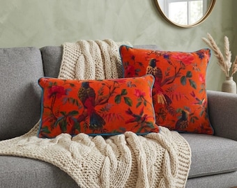 Velvet Botanical Orange Bird Pillow Cover – Maximalist Floral Cushion Case sofa decor lumbar throw