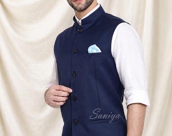 Chaleco de boda Nehru azul de algodón para hombre, chaqueta Nehru sin mangas