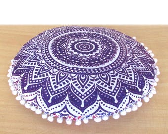 Pink Ombre Mandala Round Floor Cushion Cover – 16x16 Inch Cotton Pillowcase