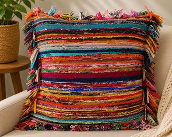Handmade Cotton Chindi Pillow Cover Boho Multicolor Throw Pillowcase Room Decorative