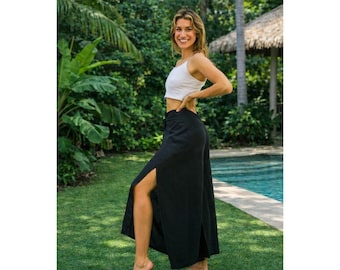 Pantalones palazzo cruzados de mezcla de algodón negro, pantalón bohemio de pierna ancha y talle alto.