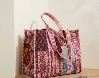 Bolso tote acolchado hecho a mano con retazos: bolso de hombro de algodón color burdeos