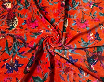 Indischer Samtstoff, orangefarben, mehrfarbiges Blumen- und Vogelmuster, Polsterstoff, Großpackung
