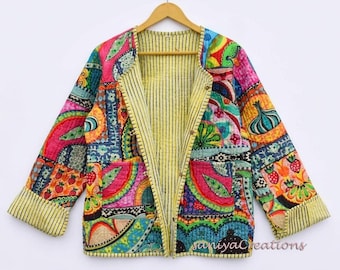 Chaqueta acolchada de algodón estilo bohemio – Abrigo unisex con estampado de bloques hecho a mano en la India
