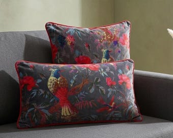 Velvet Botanical Grey Bird Pillow Cover – Maximalist Floral Cushion Case sofa decor lumbar pillowcase throw