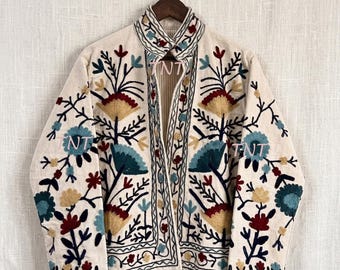 Gypsy White Suzani Velvet Jacket | Boho Embroidered Cotton TNT Colorful Coat, Gift For Love