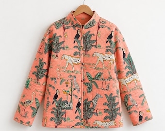 Peach Multi Jungal Printed Boho Cotton Quilted Jacket – Indian Handmade Block Print Women Coat