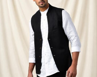 Chaqueta Nehru negra / Chaleco de boda de algodón sin mangas