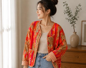 Chaqueta acolchada reversible de algodón estilo bohemio vintage – Chaquetas artesanales con estampado de bloques