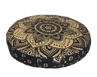 Black & Gold Mandala Round Floor Cushion Cover | Indian Floor Pillow | Bohemian Home Decor