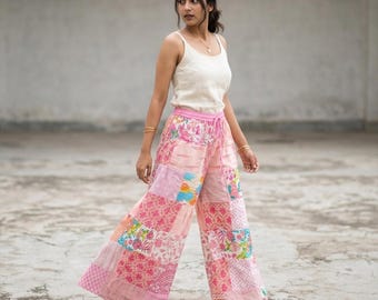 Boho Patchwork Palazzo Pants • Pink Floral Rayon Cotton Wide Leg Trousers- Hippie Yoga Flare Pants-Comfy Elastic Waist Summer Festival Wear