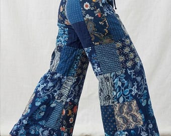 Pantalones Palazzo Patchwork - Pantalones anchos de rayón y algodón con parches azules para yoga