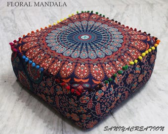 Capa de algodão para pufe otomano – Multicolorido, estilo boho indiano, sem enchimento, para decoração de casa, Barmeri Style