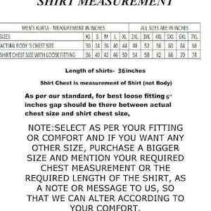 Pu&ograve; includere: Un grafico bianco intitolato "SHIRT MEASUREMENT" con dettagli delle taglie in pollici. Include le misure del girotorace per i kurta da uomo, con una nota sulla vestibilit&agrave; ampia e sulla selezione delle taglie per il comfort. La lunghezza della camicia &egrave; di 91,44 cm.