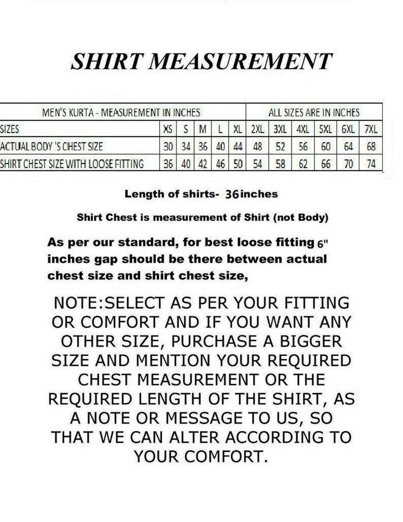 Pu&ograve; includere: Un grafico bianco intitolato "SHIRT MEASUREMENT" con dettagli delle taglie in pollici. Include le misure del girotorace per i kurta da uomo, con una nota sulla vestibilit&agrave; ampia e sulla selezione delle taglie per il comfort. La lunghezza della camicia &egrave; di 91,44 cm.