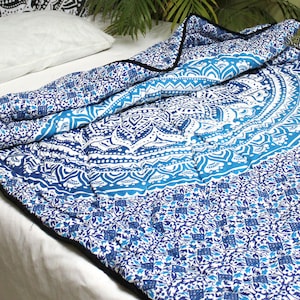 Trapunta singola indiana reversibile Mandala 100% cotone imbottita/trapunta trapuntata a mano con mandala in cotone, coperta in cotone, trapunta