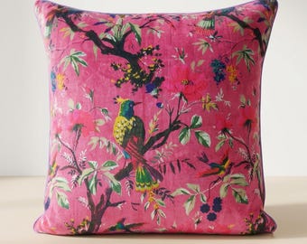 Pink Multi Brid Floral Velvet Pillow Cover Decorative Cushion Covers Room Sofa Decor Boho Pillowcase