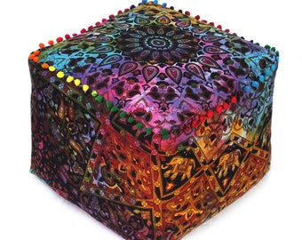 Handmade Multi tie dye Cotton Mandala Pouf Cover – Boho Floor Decor Ottoman
