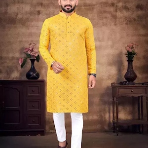 Indian Handmade Cotton Embroidery Men Kurta Heavy Chikankari Wedding Kurta Mirror work Kurta with Pajama Diwali Outfit for Mens  ( Yellow )