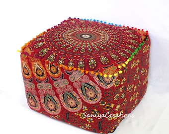 Cotton Pouf Ottoman Cover – Multicolor Indian Bohemian Footstool Unfilled Pouf Home Decor