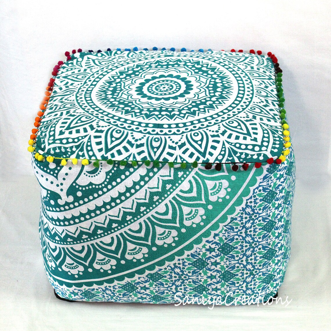 18x18 Inidan Handmade Square Pouf Ottoman Cover Green Etsy