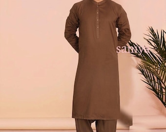 Abito marrone Pathani da uomo fatto a mano Kameez Shalwar set indiano pakistano Kurta