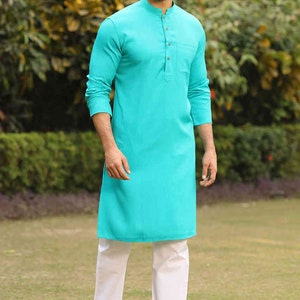 Kurta de color azul cielo para hombres indios, kurta sólida de algodón para hombres, ropa de fiesta para hombres, ropa tradicional, regalo para hermano, kurta de boda, kurta 100% algodón