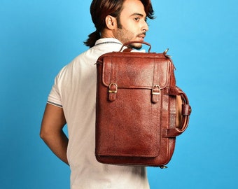 LINDSEY STREET Leather Backpack cum Messenger Bag for Men | Casual Backpack Leather Travel Bag