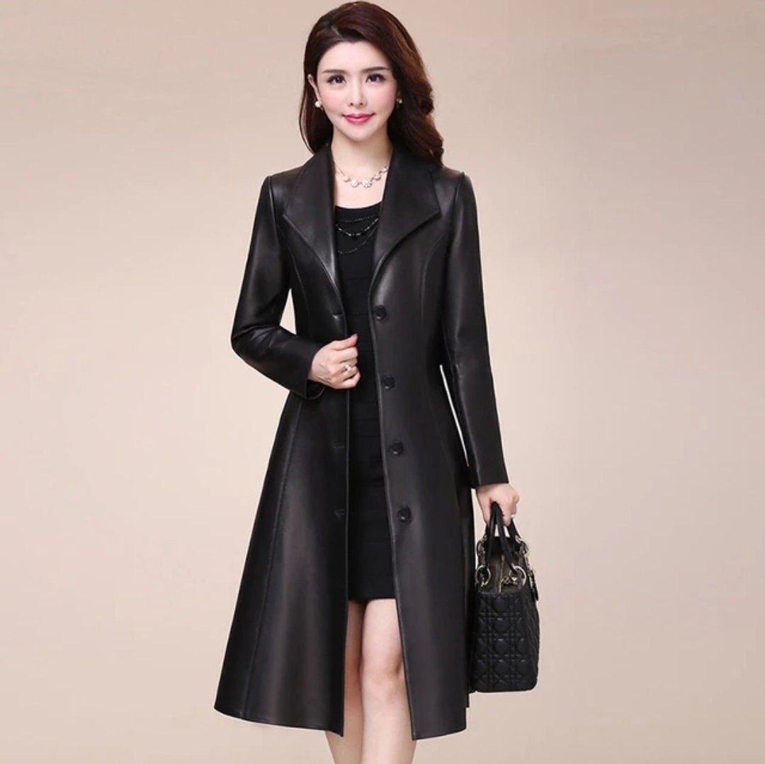 Leather Midi Coat Women Handmade Stylish Trench Coat Lambskin Leather ...