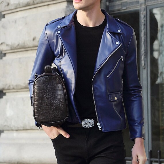 Premium Quality Soft Lambskin Blue Leather Jacket for Mens Soft