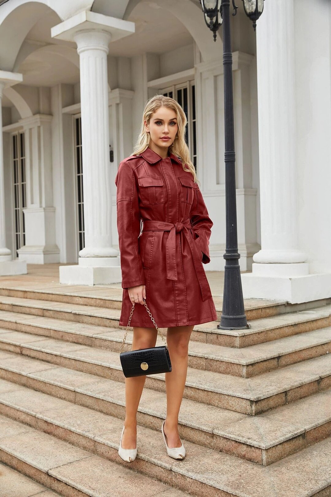 Long red leather trench coat cheap