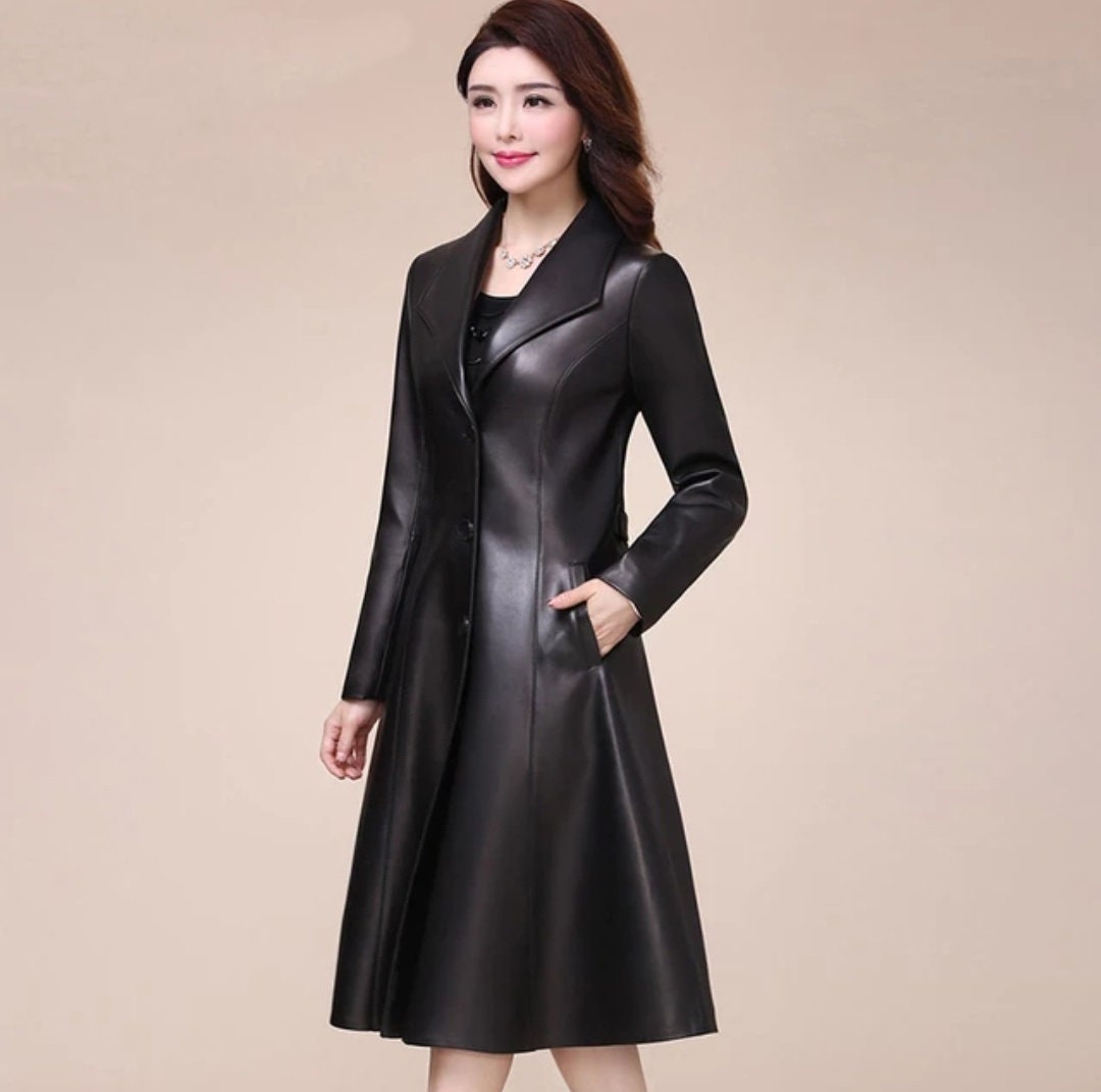 Leather Midi Coat Women Handmade Stylish Trench Coat Lambskin - Etsy