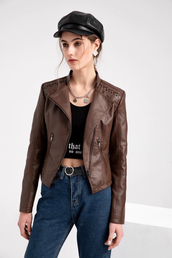 Lambskin Leather Jacket for Women's Biker Jacket Brown | Etsy