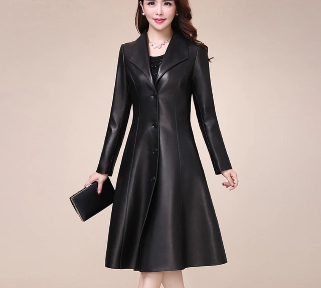 Leather Midi Coat Women Handmade Stylish Trench Coat Lambskin - Etsy