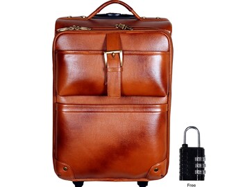 Genuine Leather Trolley Bag Airport Cabin Bag Leather Weekender Leather Luggage with Wheels Gift For Him Tourist Luggage