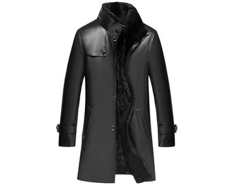 Leather Long Jacket for Mens Lambkin Leather Jacket with Woolen Lining Fur Collar Leather Jacket Mens Leather Overcoat Leather Trench Coat