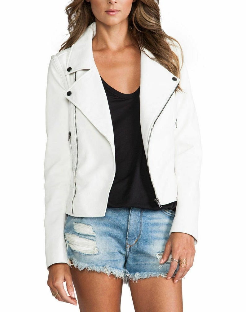 Lambskin White Leather Jacket for Women's Biker Jacket - Etsy