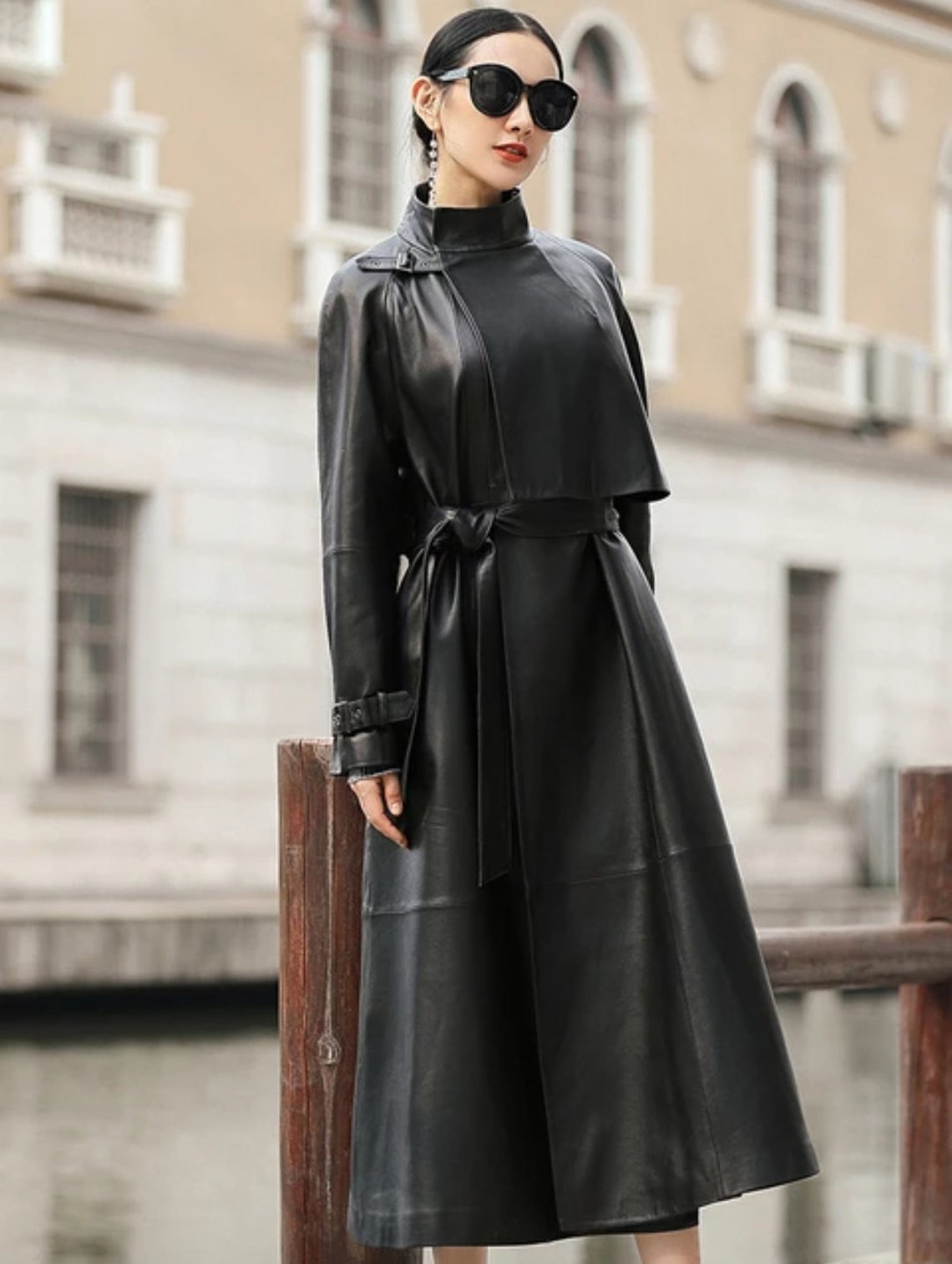 Black Leather Midi Coat for Women Handmade Stylish Trench Coat - Etsy