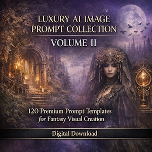 Peut inclure: Image de couverture pour un téléchargement numérique d'une collection d'invites. L'image présente une femme en robe sombre et coiffe, sur un fond de paysage fantastique avec une pleine lune. Le texte comprend "LUXURY AI IMAGE PROMPT COLLECTION VOLUME II".
