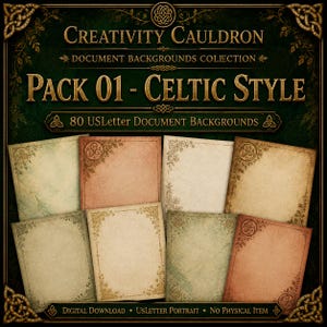 80 Celtic Backgrounds, USLetter Printable Digital Paper Pack, Grimoire, Book of Shadows and Stationery Pages