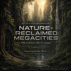 Puede incluir: Una colección digital titulada SCI-FI & FUTURE WORLDS NATURE-RECLAIMED MEGACITIES 135 Cinematic Sci-Fi Images Dreaming Another World Creativity Cauldron Collections. El fondo muestra una ciudad exuberante y cubierta de vegetación con ruinas altas.