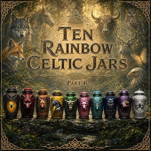 May include: An image featuring ten colorful Celtic jars, each with a unique design and animal motif. The jars are arranged in a row, with the text "Ten Rainbow Celtic Jars Part 1" above them. The background includes forest imagery and various animals.