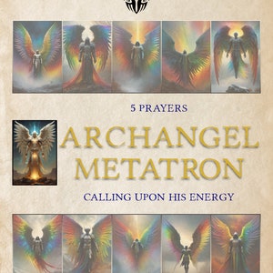 Peut inclure: Une illustration numérique de l'archange Metatron, un ange puissant de la Kabbale, avec des ailes arc-en-ciel. L'image fait partie d'une série intitulée "Archanges de la Kabbale" et comprend cinq prières.