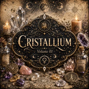 Peut inclure: Une plaque décorative avec le texte "CRISTALLIUM Volume 01" en lettres dorées, entourée de motifs célestes, de bougies allumées, de cristaux transparents et violets, et de deux flacons en verre étiquetés "Aqua Lucis" et "Lux Universalis".