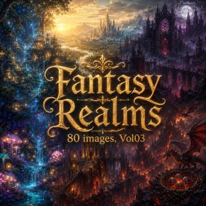 May include: A digital art collection titled Fantasy Realms 80 images, Vol03. The image features a split landscape with a glowing blue forest and waterfalls on the left, and a dark, fiery volcanic castle with a dragon on the right.