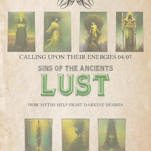 Könnte beinhalten: Ein Vintage-Poster mit einem grün-weißen Farbschema. Das Poster zeigt den Text "Witchcraft Ressources Mythological Files" und "Calling Upon Their Energies 04/07 Sins of the Ancients Lust How Myths Help Fight Darkest Desires". Das Poster zeigt auch mehrere Bilder von Menschen und Kreaturen.
